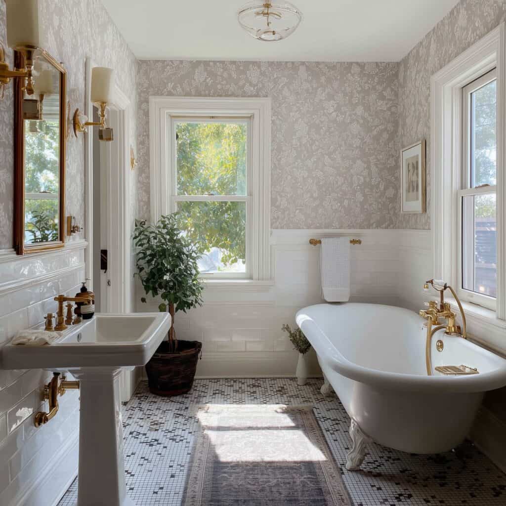 “Victorian-style bathroom with clawfoot tub and ornate chandelier capturing Victorian-era charm.
