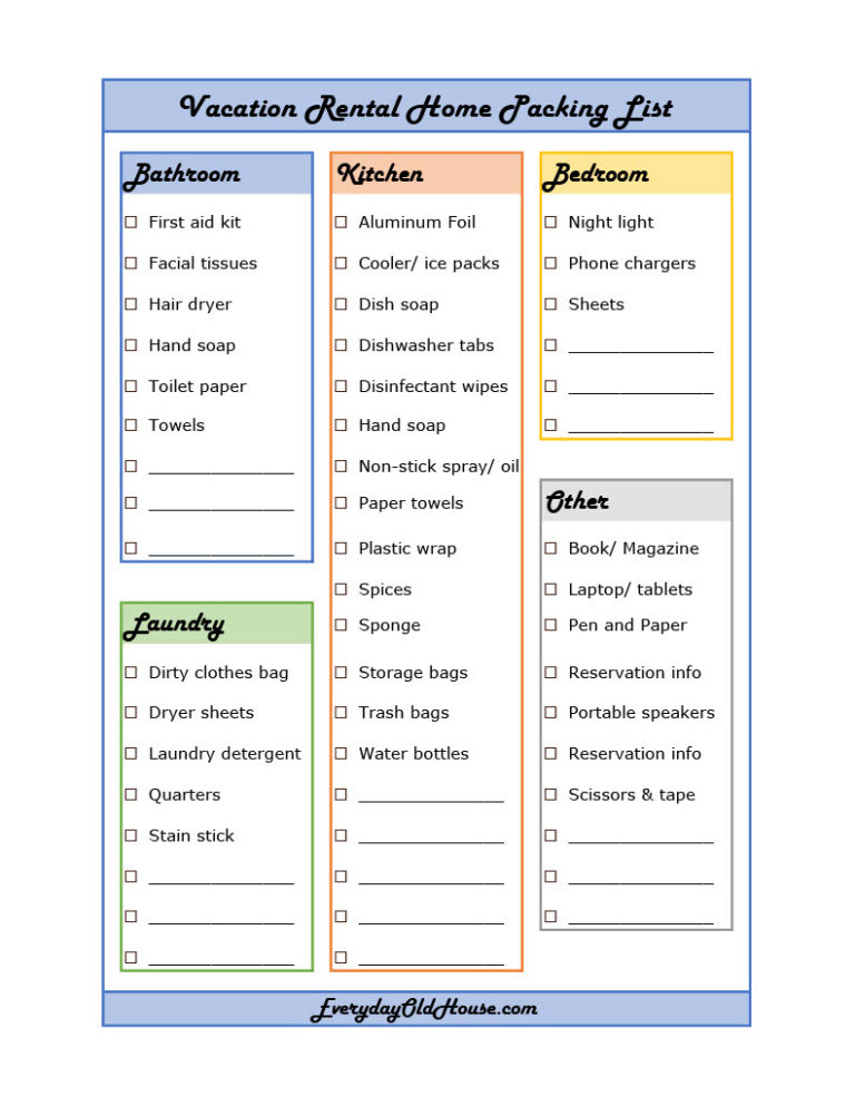 customizable vacation rental home packing checklist