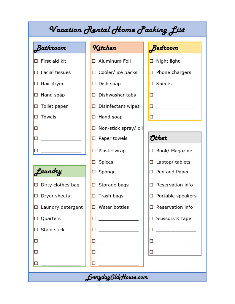Customizable Vacation Rental Home Packing Checklist Printable Everyday Old House