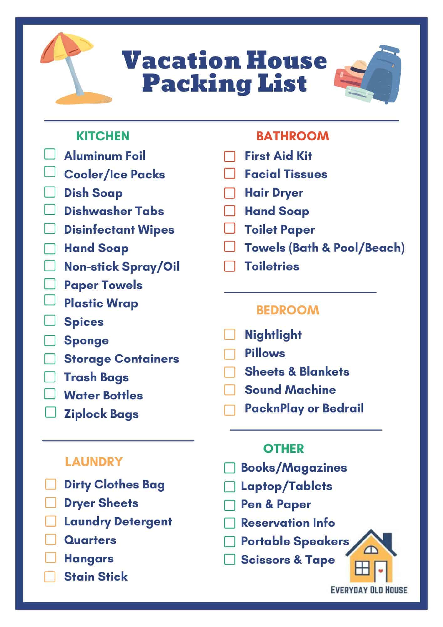 Customizable Vacation Rental Home Packing Checklist Printable