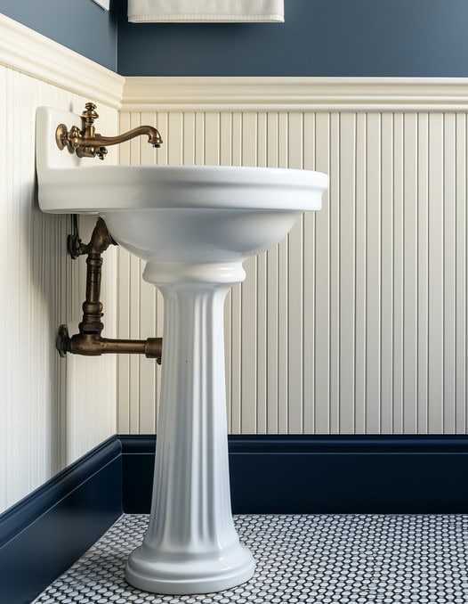 Pedestal sink and wainscotting with drak moody navy blue paint in a Victorian-style bathroom with vintage fixtures