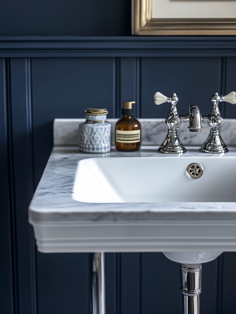 Marble counter and detailed fixtures add intricate Victorian-era charm to a bathroom design.