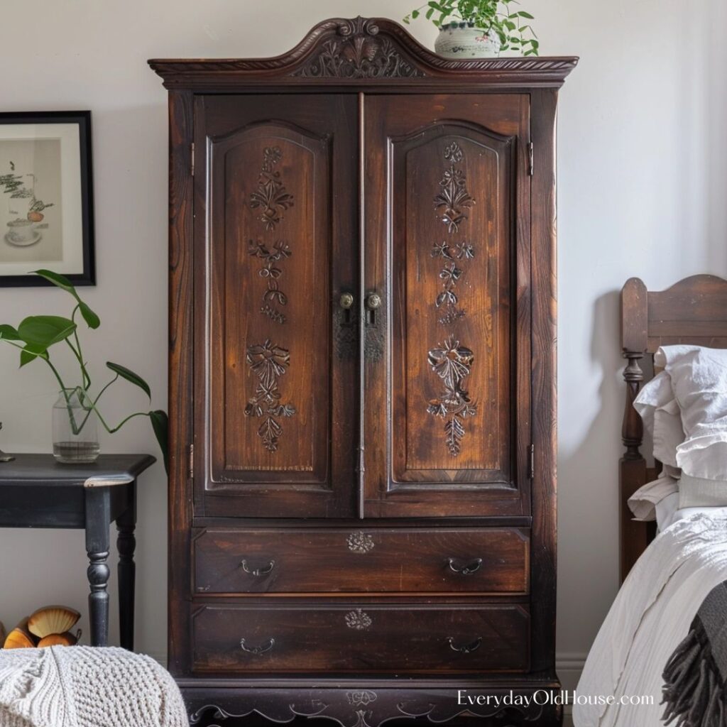 gorgeous vintage wood armoire in bedroom to help create more storage space for old house 