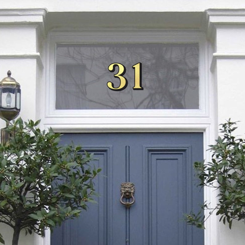 Front door with highly visible house number in transom window by FoilInLove Studio on etsy