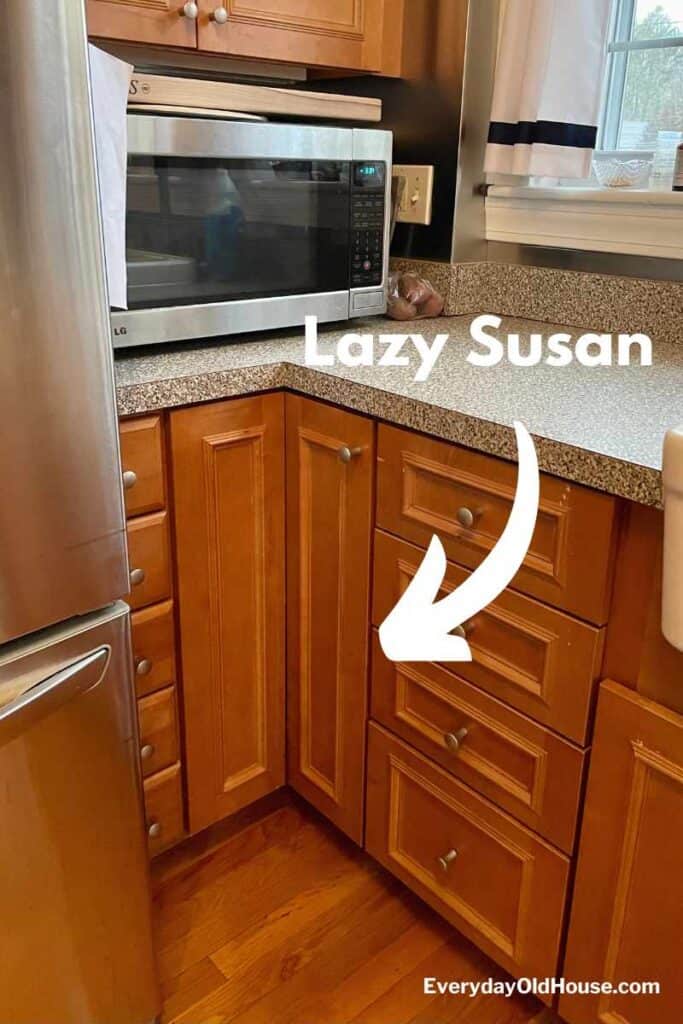 arrow pointing to show what cabinet containing a Lazy Susan