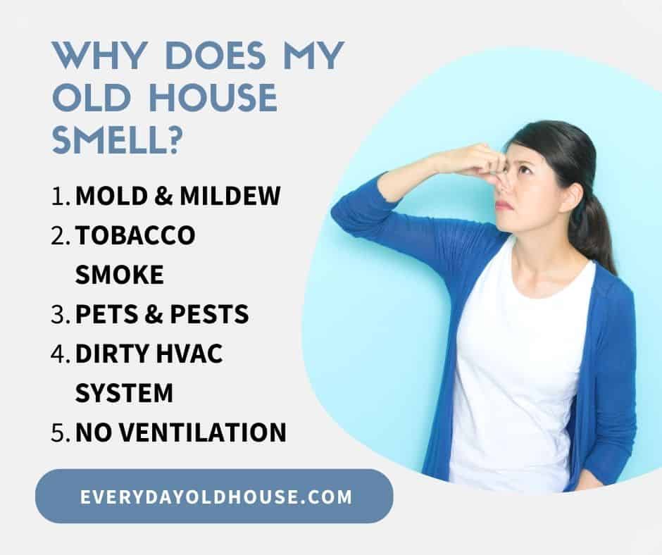 woman holding nose with 5 reasons why old houses smell