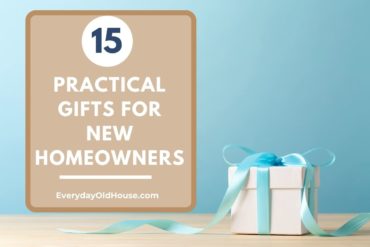 gift box that reads "15 practical gifts for new homeowners"